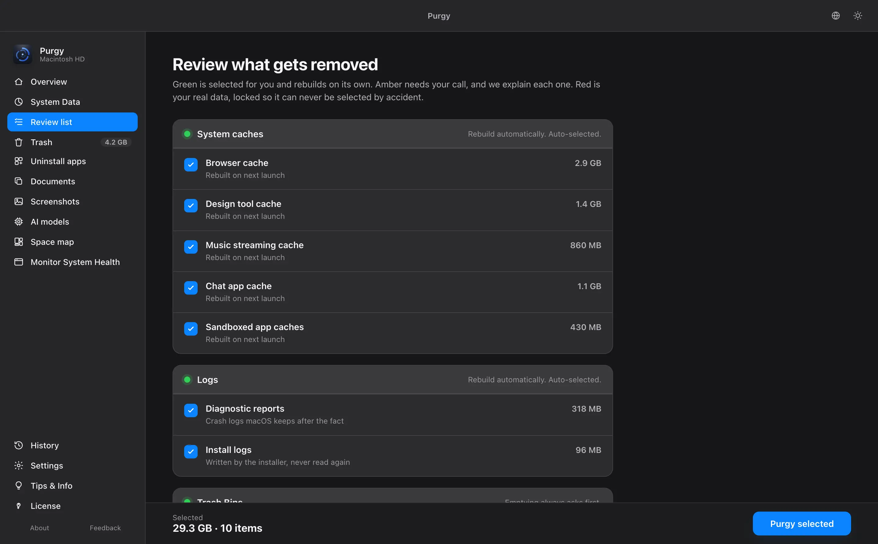 Review screen with green auto-selected items, amber items to review and locked red items