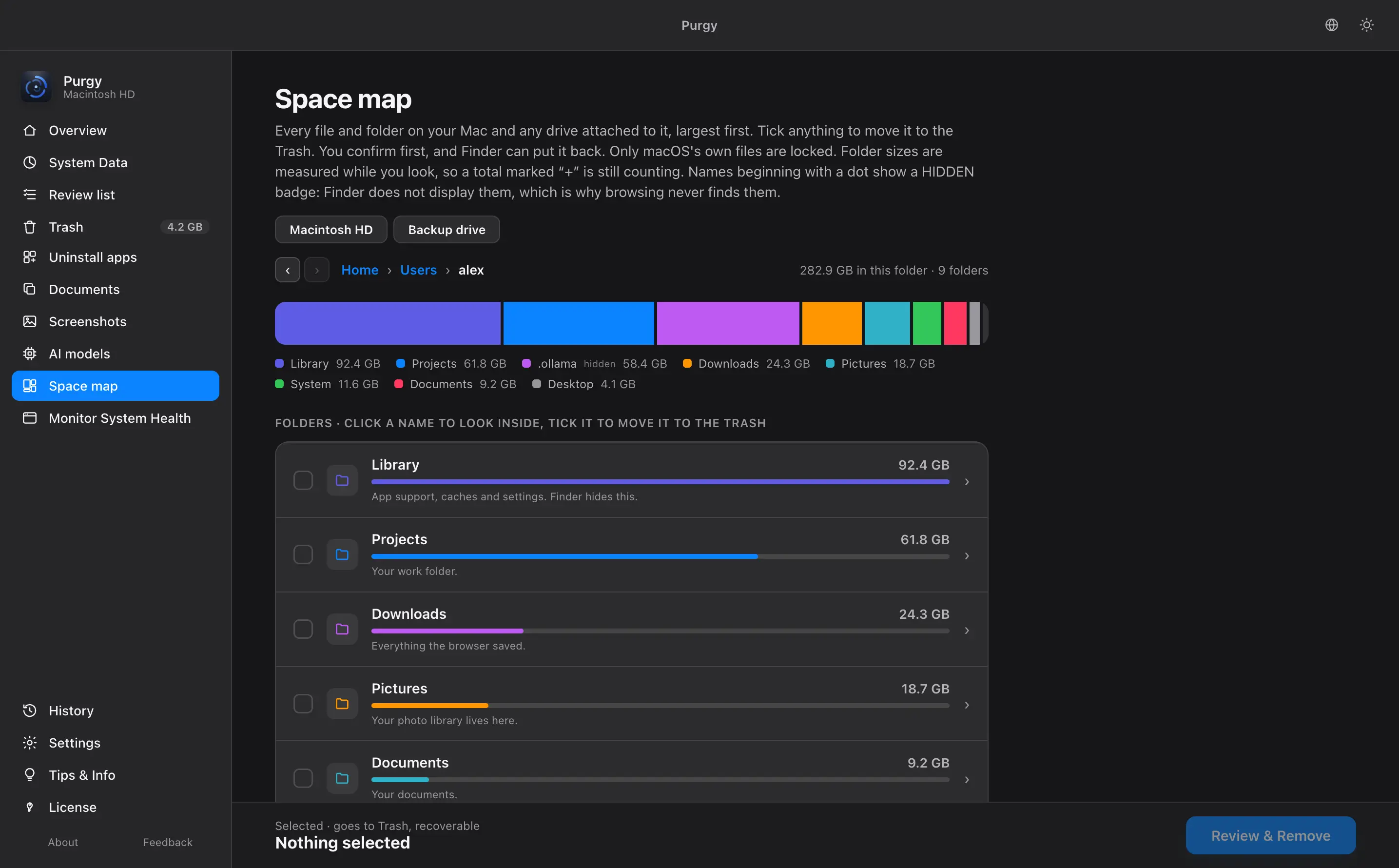 Space map showing a treemap of folders and drives with their sizes