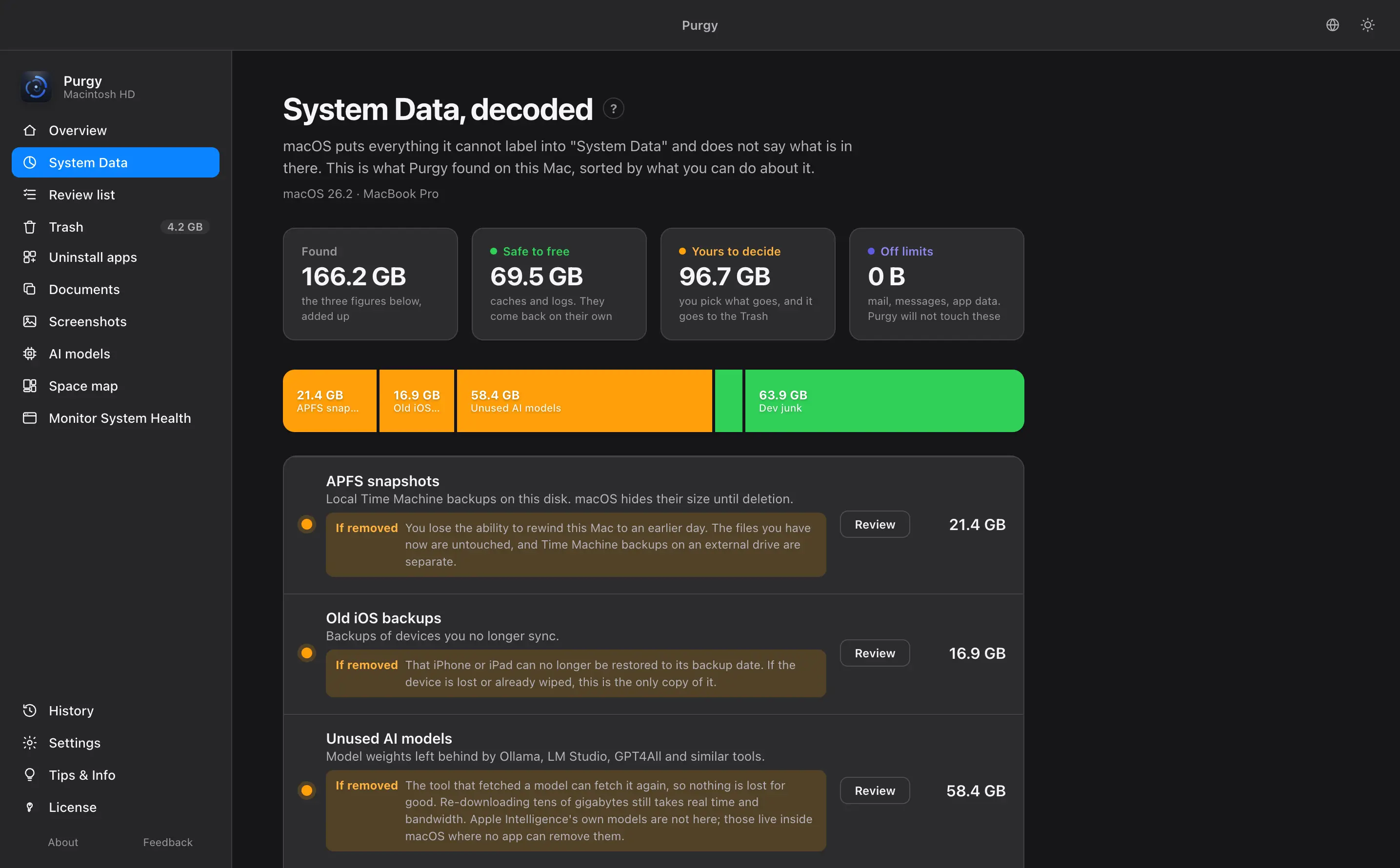 System Data decoded into measured, safe to free, free after review, and your locked data