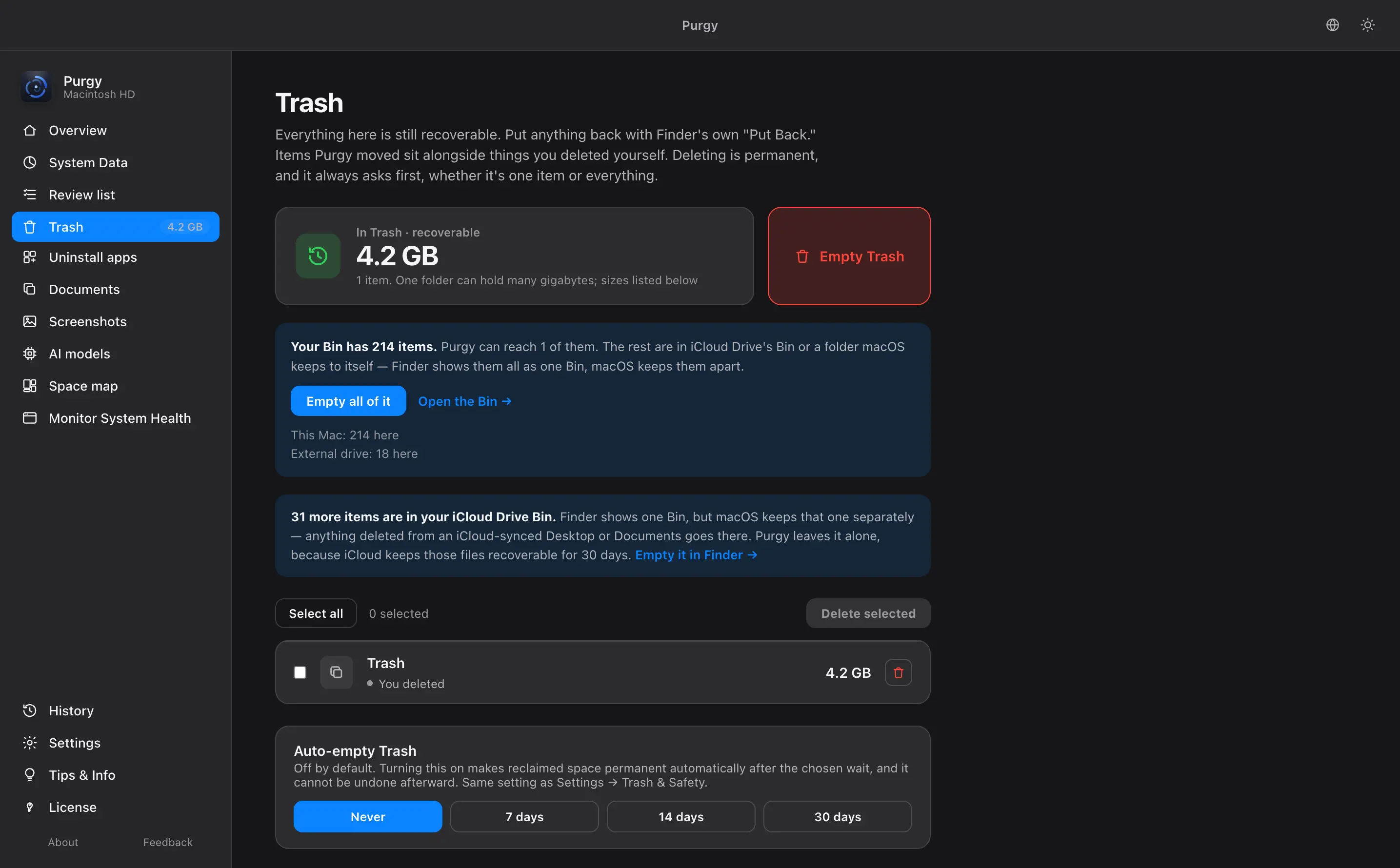 Trash screen with recoverable items and the auto-empty setting
