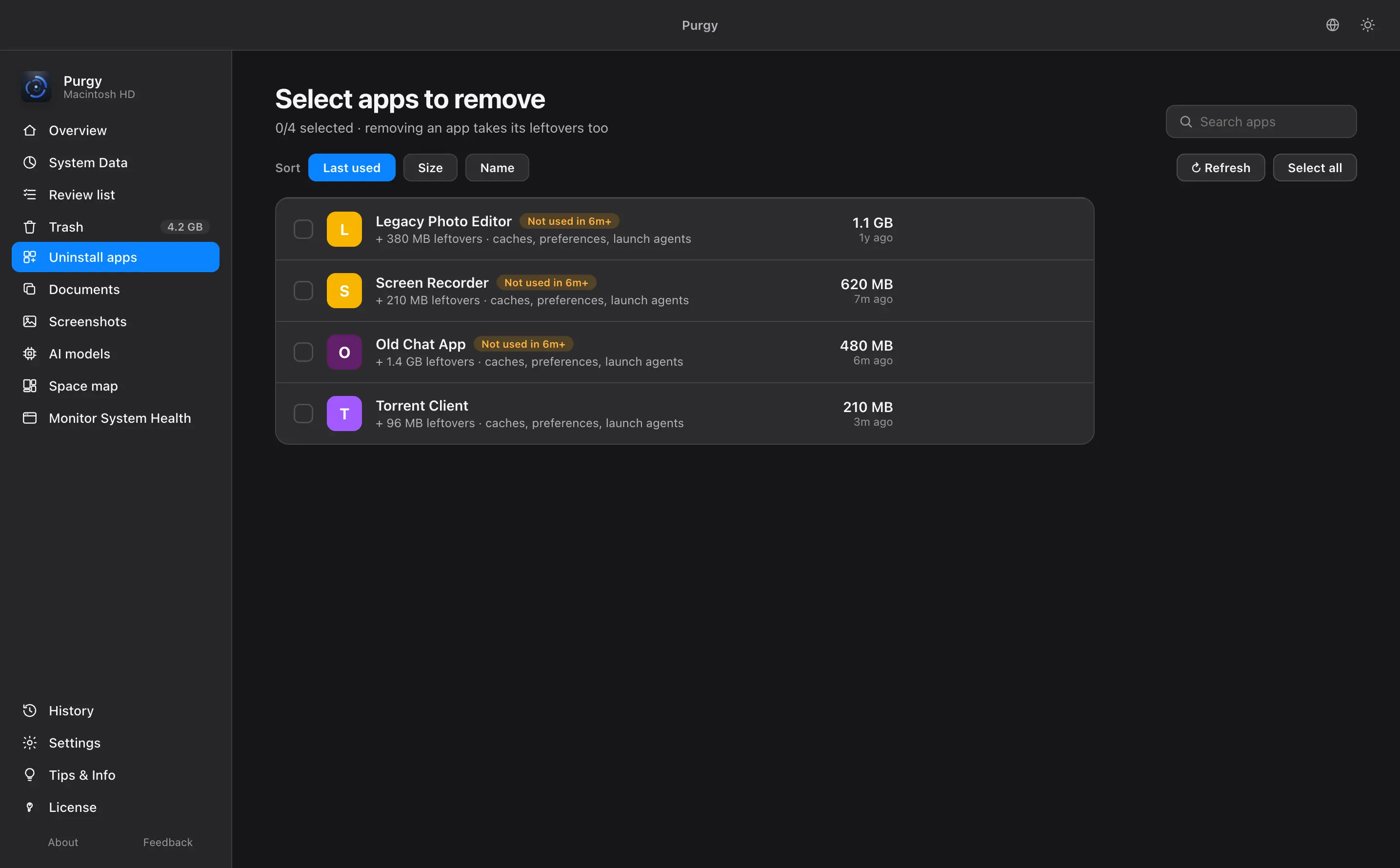 Uninstall screen listing apps to remove with their leftover sizes
